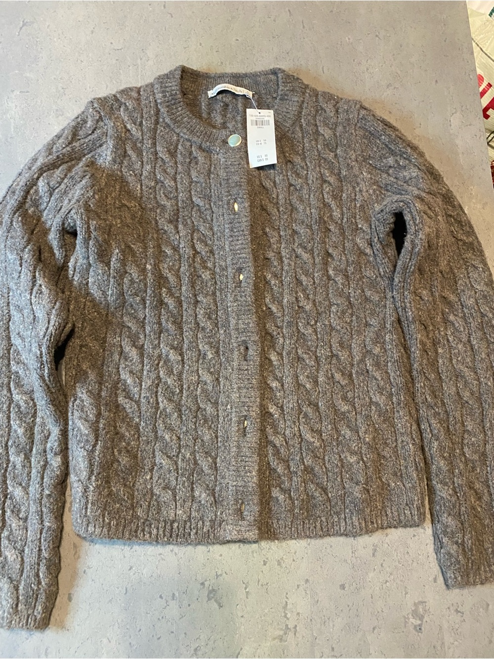 Abercrombie & Fitch Cable-Knit Crewneck Cardigan - Taupe Gray